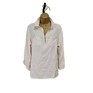 Cathy Linen Blend Top Womens Large Cream Peasant Stretch Side Panels Lagenlook